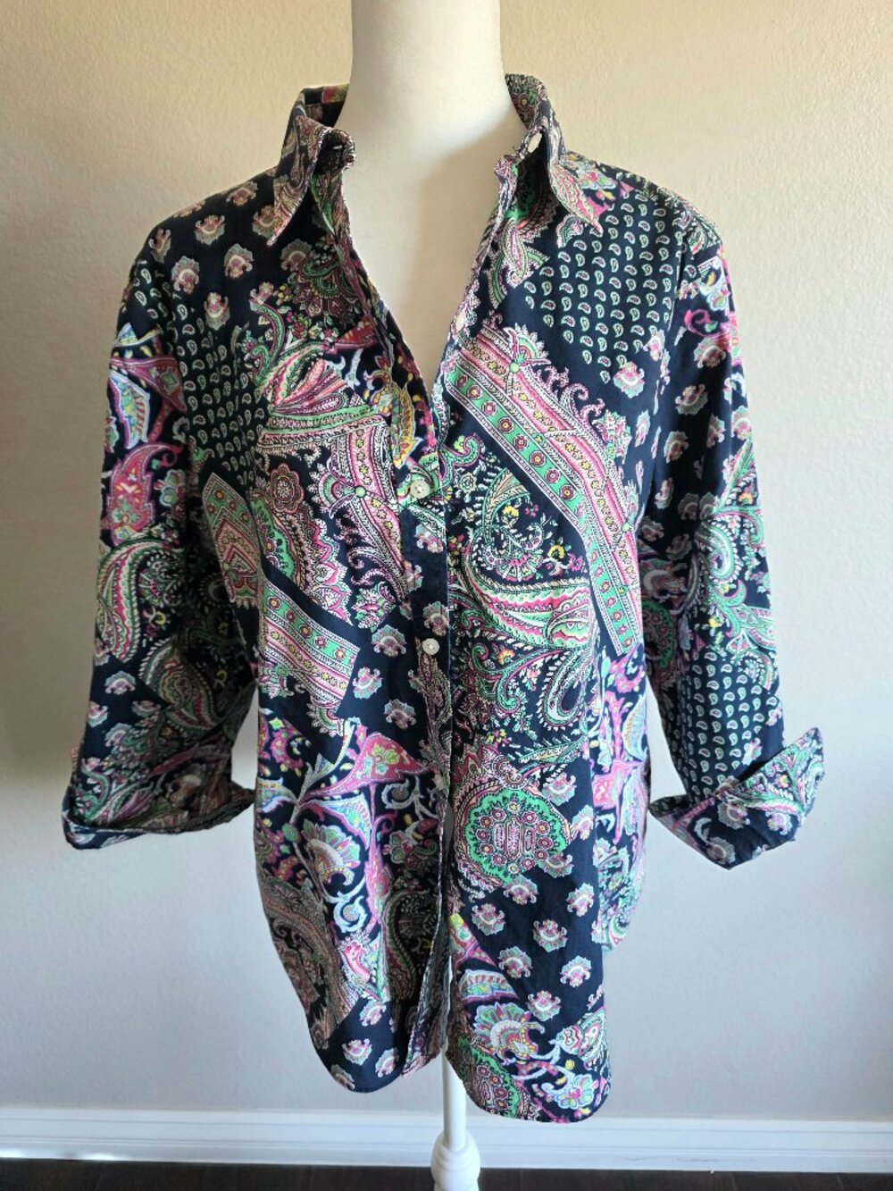 Lauren Ralph Lauren Women's Size L Non Iron Button Up Shirt Paisley 100% Cotton